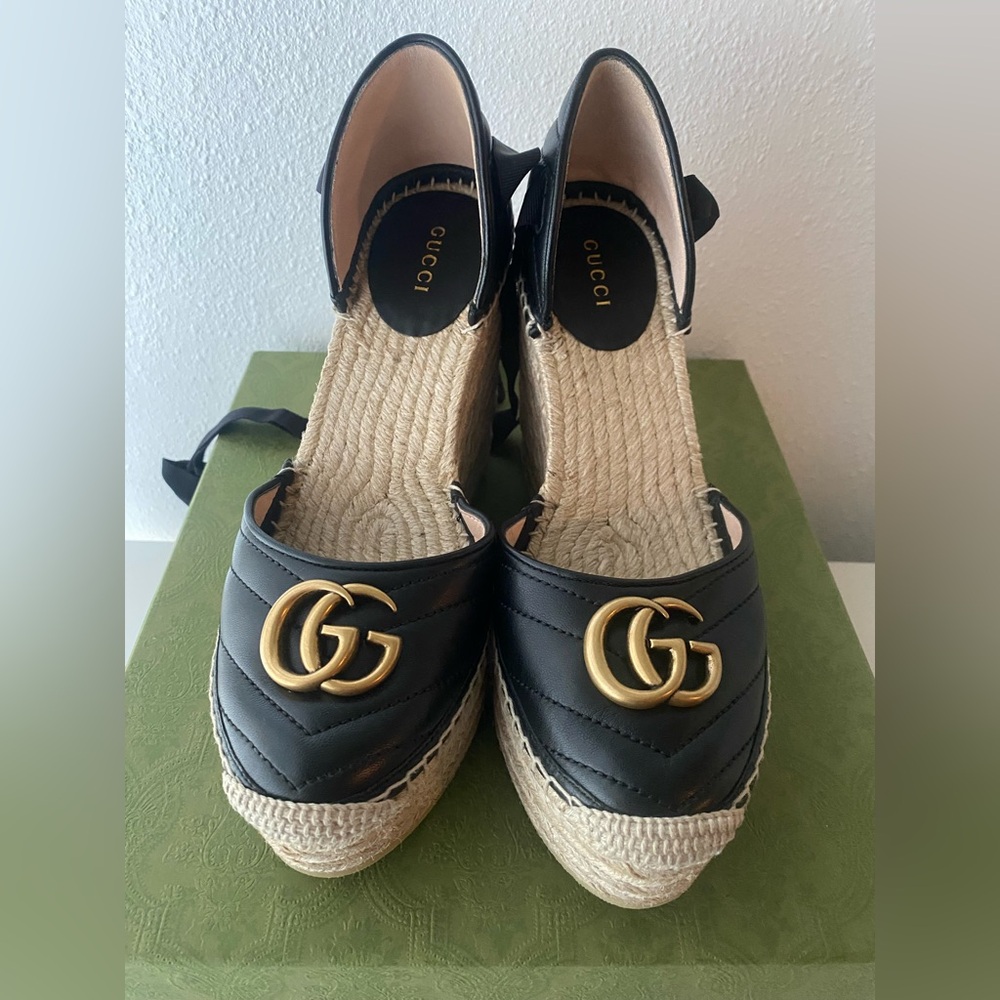 Gucci Matelasse Marmont Ankle Wrap Platform Espadrille Wedges.